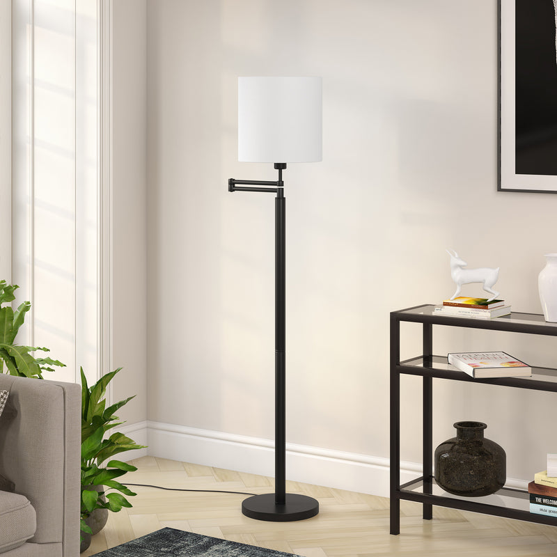 Home Outfitters 62" Black Swing Arm Floor Lamp With White Frosted Glass Drum Shade