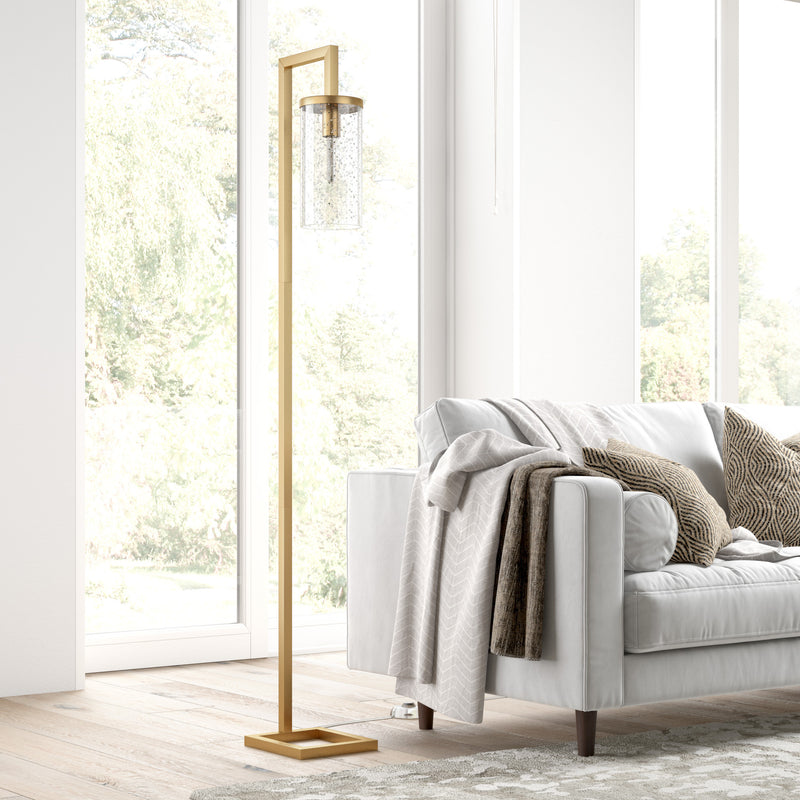 Home Outfitters 67" Brass Reading Floor Lamp With Clear Seeded Glass Drum Shade