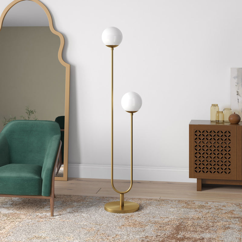 Home Outfitters 69" Brass Two Light Novelty Floor Lamp With White Frosted Glass Globe Shade