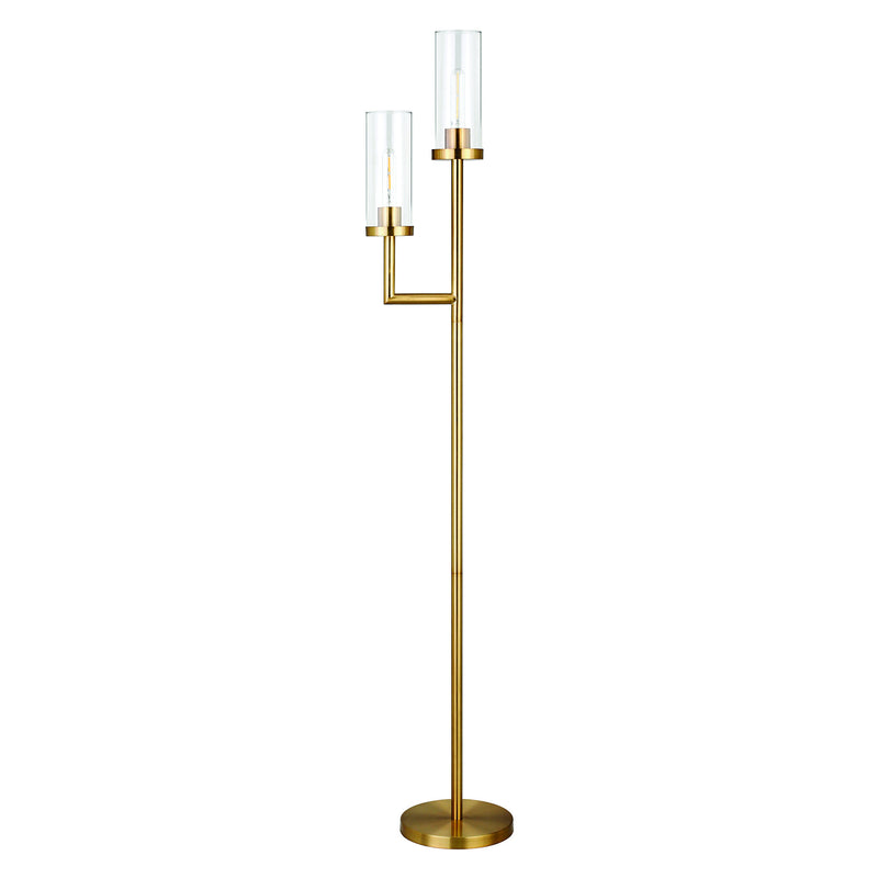 Home Outfitters 69" Brass Two Light Torchiere Floor Lamp With Clear Transparent Glass Drum Shade