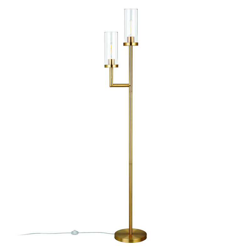 Home Outfitters 69" Brass Two Light Torchiere Floor Lamp With Clear Transparent Glass Drum Shade