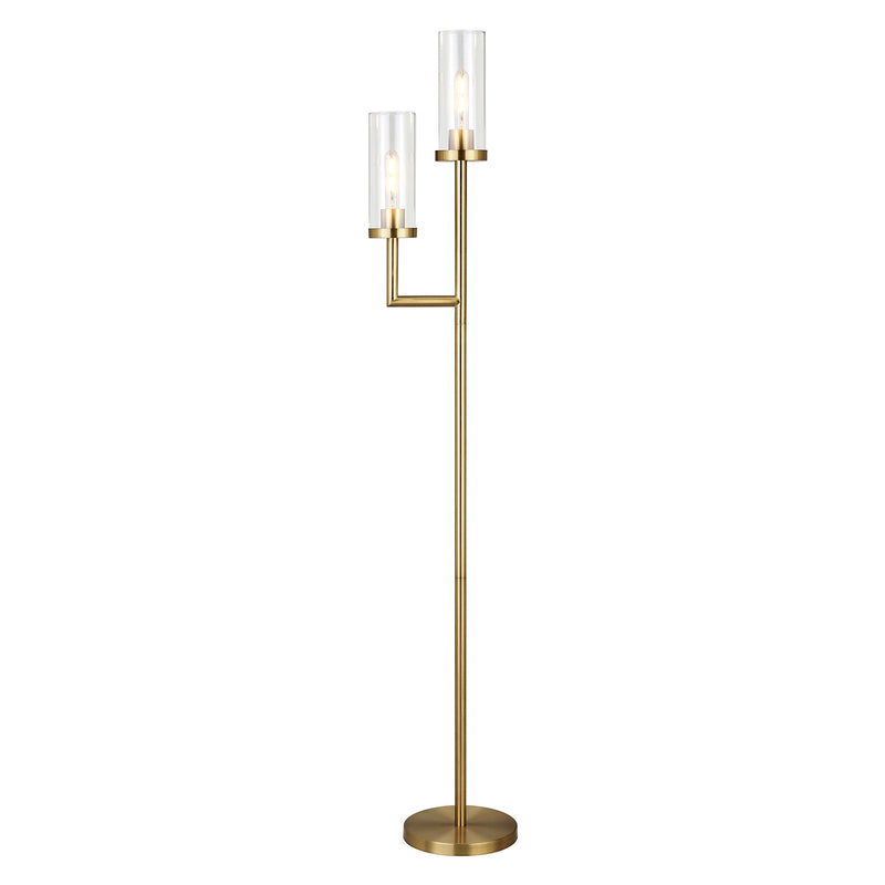 Home Outfitters 69" Brass Two Light Torchiere Floor Lamp With Clear Transparent Glass Drum Shade