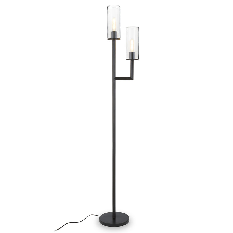 Home Outfitters 69" Black Two Light Torchiere Floor Lamp With Clear Transparent Glass Drum Shade