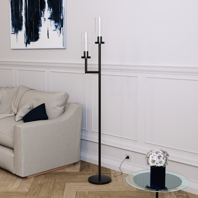 Home Outfitters 69" Black Two Light Torchiere Floor Lamp With Clear Transparent Glass Drum Shade