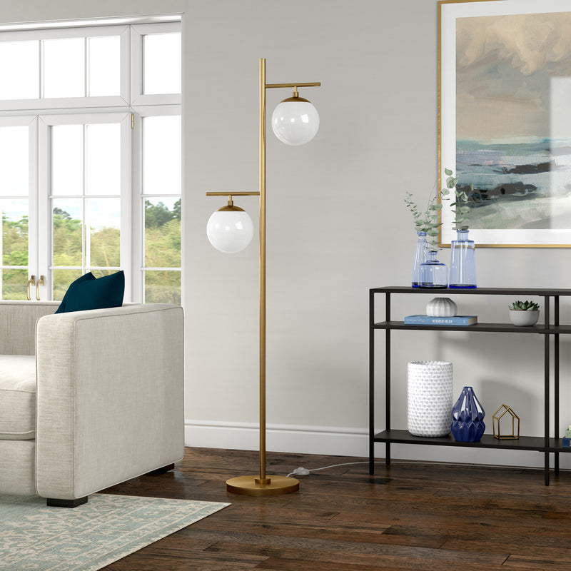 Home Outfitters 71" Brass Two Light Tree Floor Lamp With White Frosted Glass Globe Shade