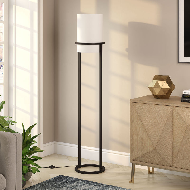 Home Outfitters 62" Black Column Floor Lamp With White Frosted Glass Drum Shade