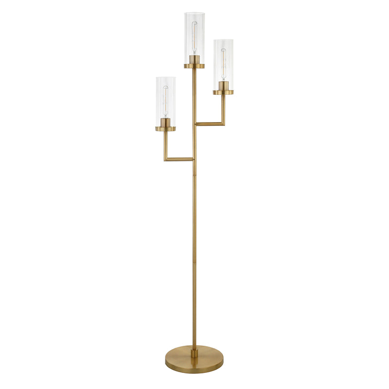 Home Outfitters 69" Brass Three Light Torchiere Floor Lamp With Clear Transparent Glass Drum Shade