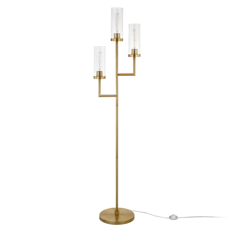 Home Outfitters 69" Brass Three Light Torchiere Floor Lamp With Clear Transparent Glass Drum Shade