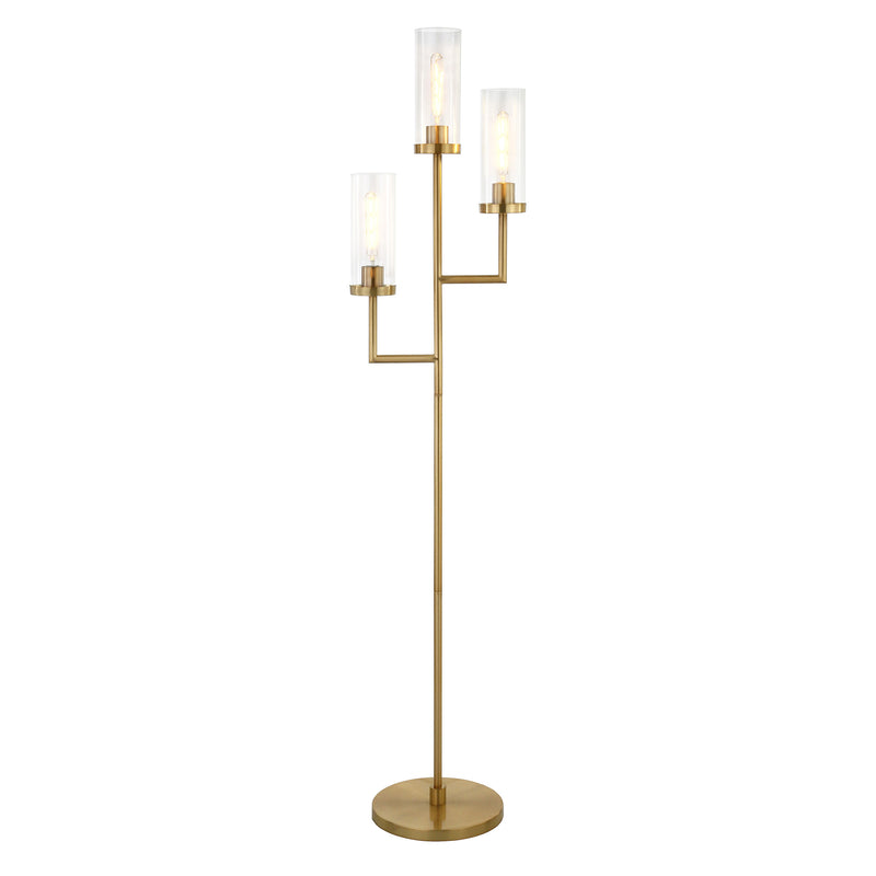 Home Outfitters 69" Brass Three Light Torchiere Floor Lamp With Clear Transparent Glass Drum Shade