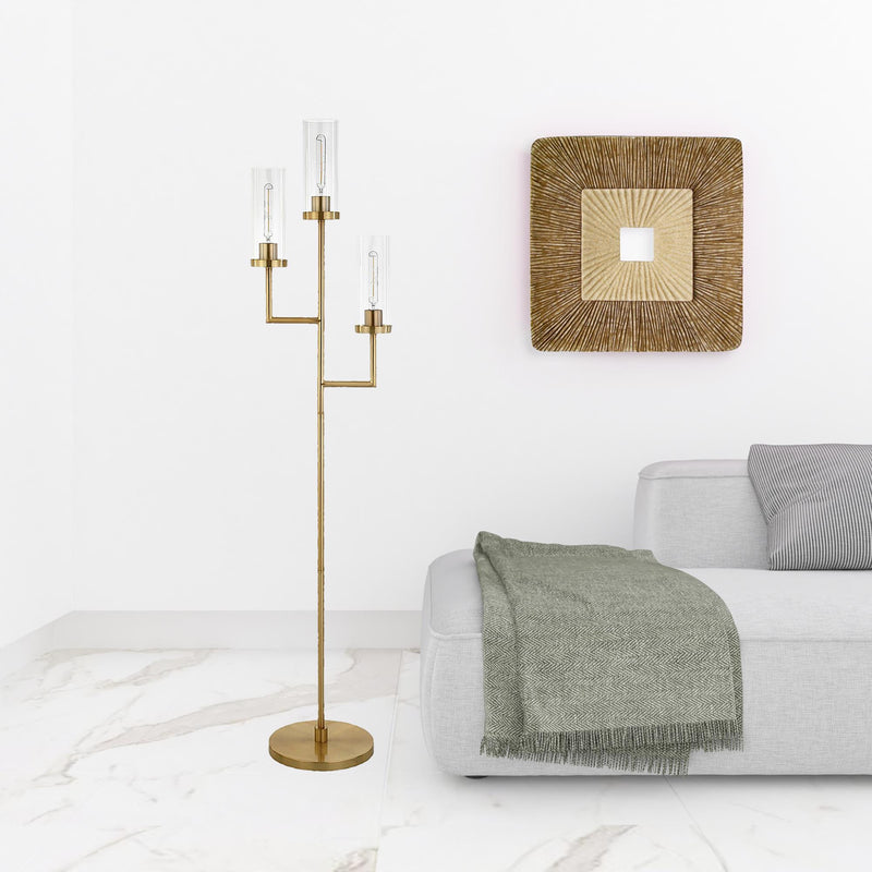 Home Outfitters 69" Brass Three Light Torchiere Floor Lamp With Clear Transparent Glass Drum Shade