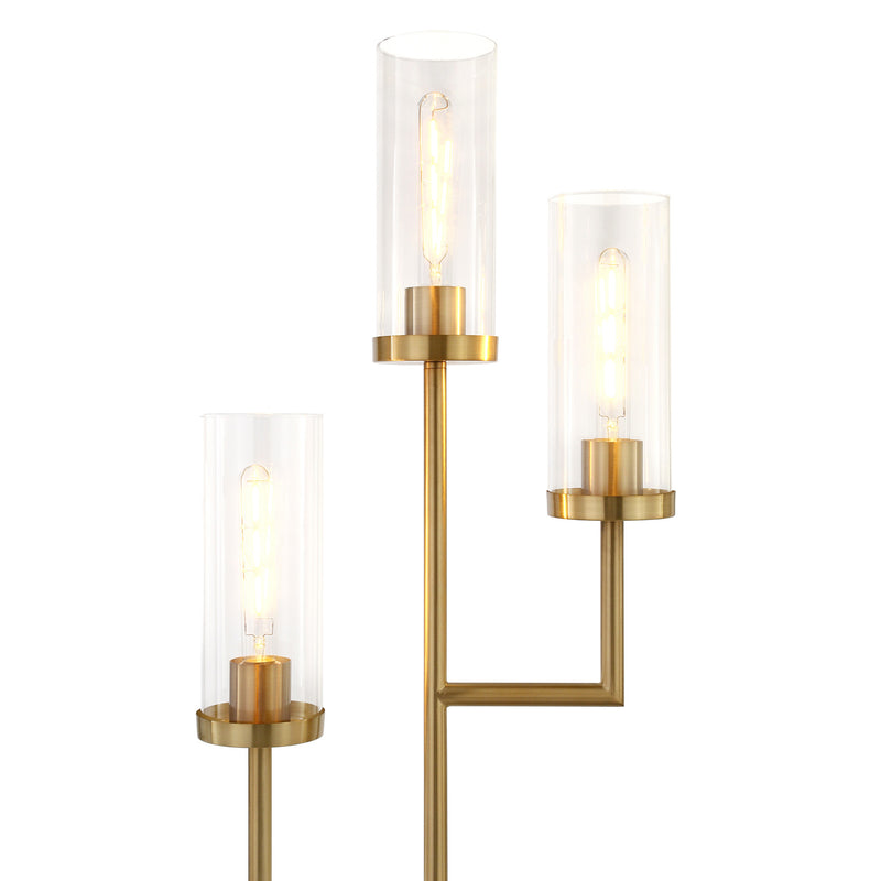 Home Outfitters 69" Brass Three Light Torchiere Floor Lamp With Clear Transparent Glass Drum Shade