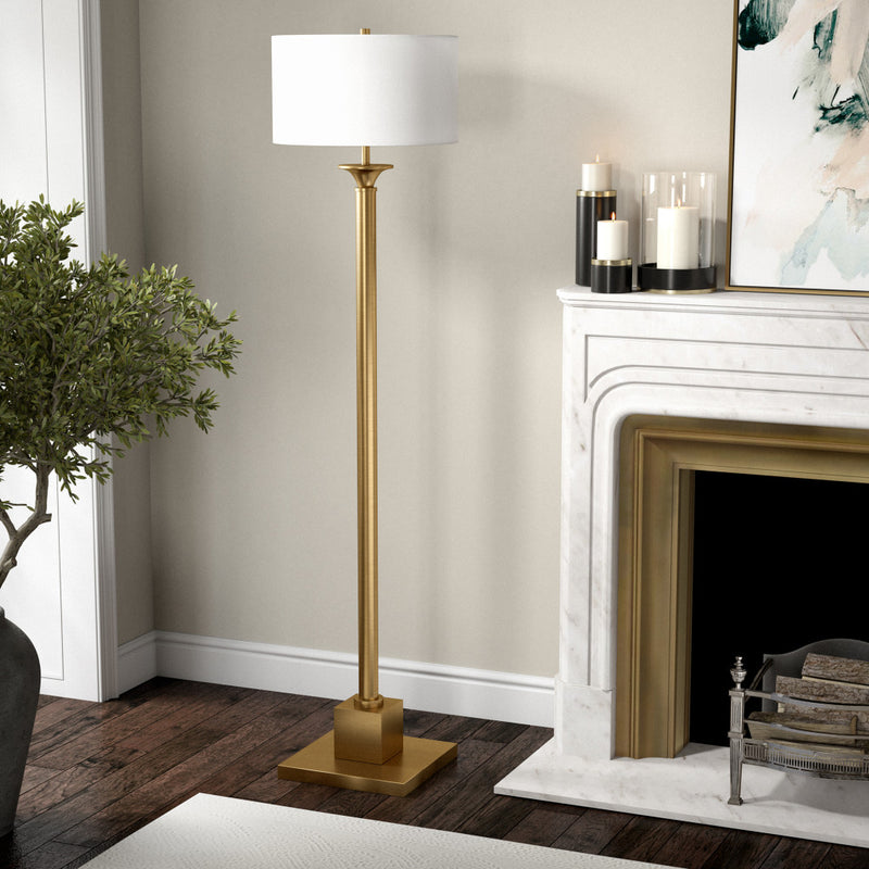 Home Outfitters 65" Brass Traditional Shaped Floor Lamp With White Frosted Glass Drum Shade