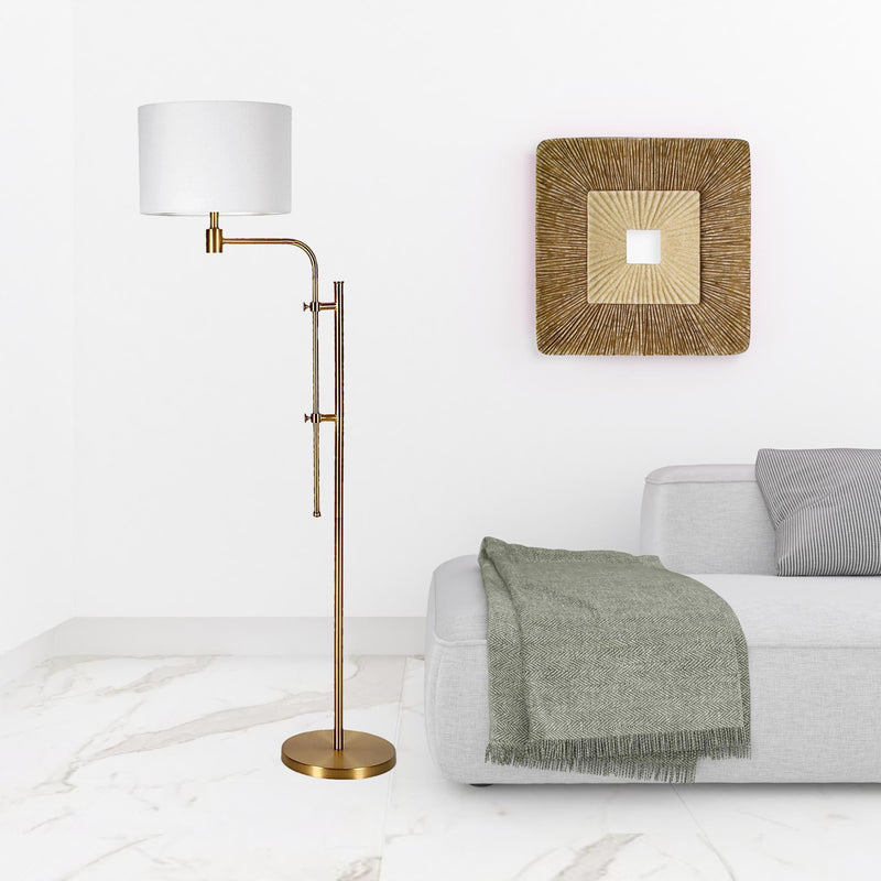 Home Outfitters 71" Brass Adjustable Traditional Shaped Floor Lamp With White Frosted Glass Drum Shade