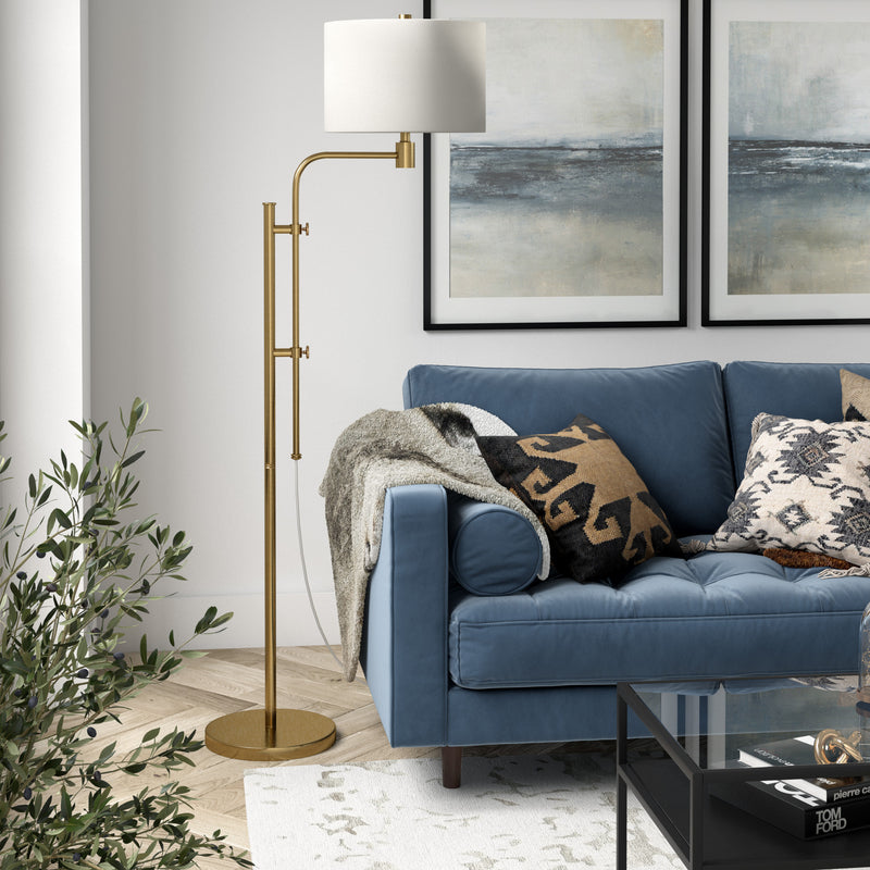 Home Outfitters 71" Brass Adjustable Traditional Shaped Floor Lamp With White Frosted Glass Drum Shade