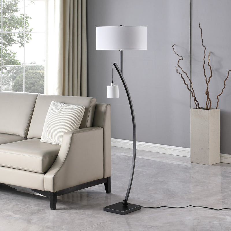 Home Outfitters 59" Matte Black Dual Arc Floor Lamp With White Drum Shade