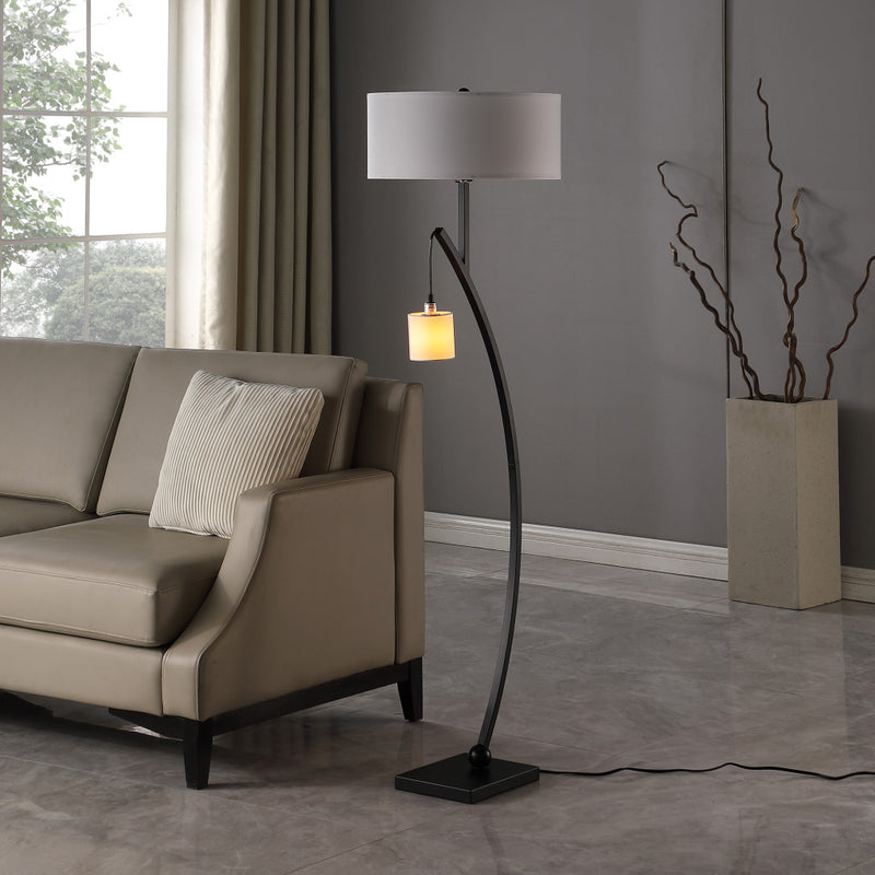 Home Outfitters 59" Matte Black Dual Arc Floor Lamp With White Drum Shade