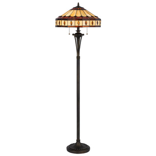Home Outfitters 61" Bronze Two Light Traditional Shaped Floor Lamp With Purple and Ivory Abstract Tiffany Glass Empire Shade