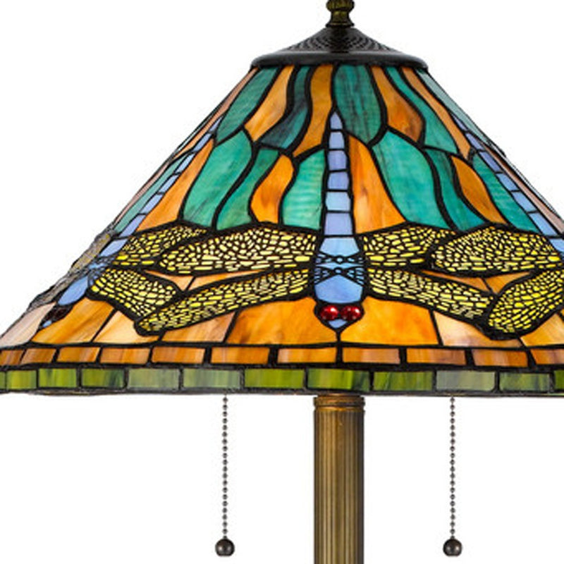 Home Outfitters 63" Brass Two Light Traditional Shaped Floor Lamp With Blue and Orange Dragonfly Tiffany Glass Empire Shade