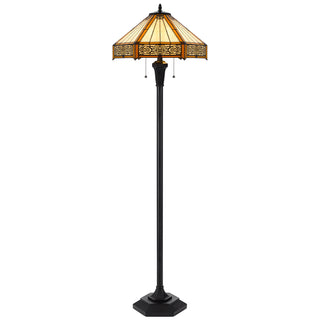 Home Outfitters 60" Bronze Two Light Traditional Shaped Floor Lamp With Orange and Ivory Abstract Tiffany Glass Empire Shade