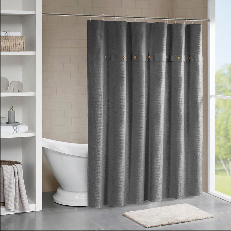 Home Outfitters Grey 100% Cotton Waffle Shower Curtain 72"W x 72"L, Shower Curtain for Bathrooms, Casual
