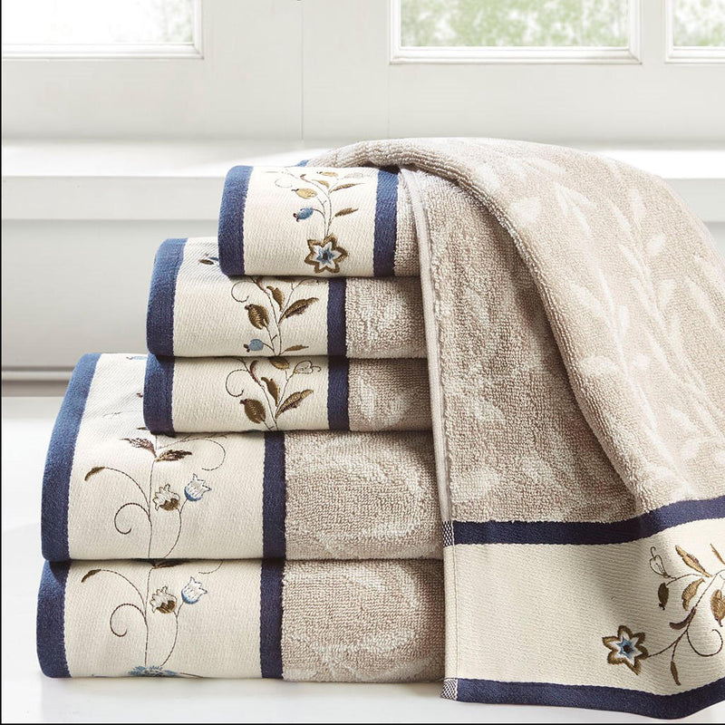 Home Outfitters Navy 100% Cotton Embroidered Jacquard 6pcs Towel Set , Absorbent, Bathroom Spa Towel, Traditional