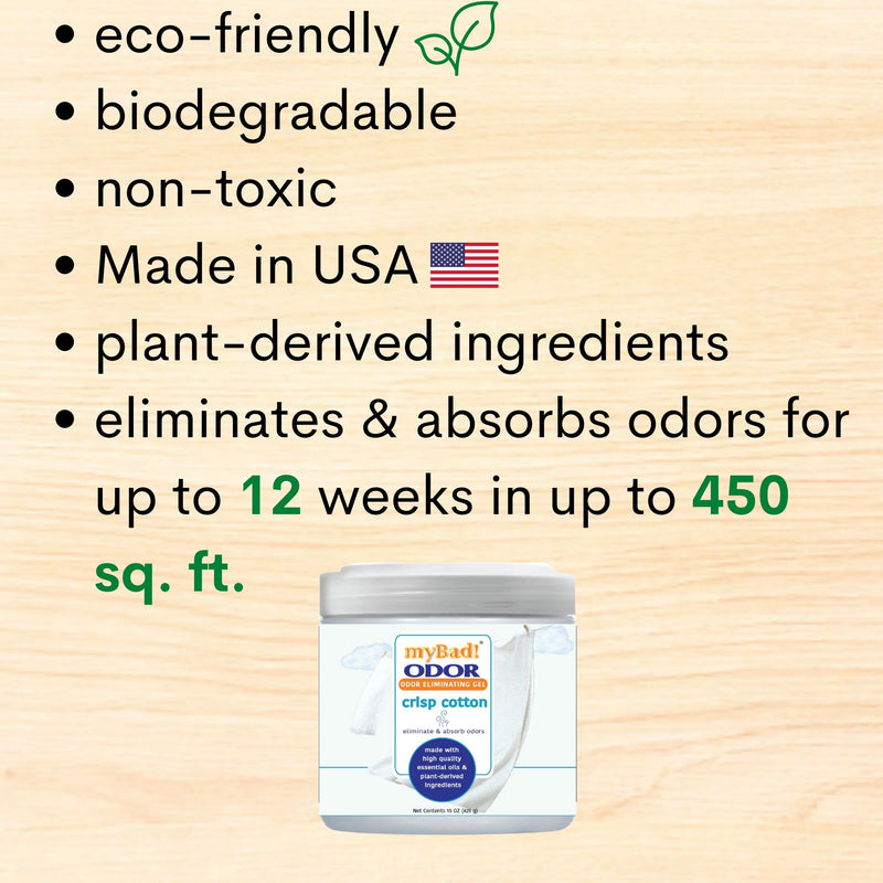 my Bad! Odor Eliminator Gel 15 oz - Crisp Cotton (2 PACK) Air Freshener - Eliminates Odors in Bathroom, Pet Area, Closets