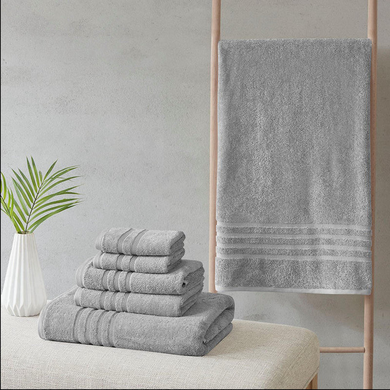 Home Outfitters Grey 67% Cotton 33% Polyester Sustainable Blend 6PC Bath Towel Set , Absorbent, Bathroom Spa Towel, Casual