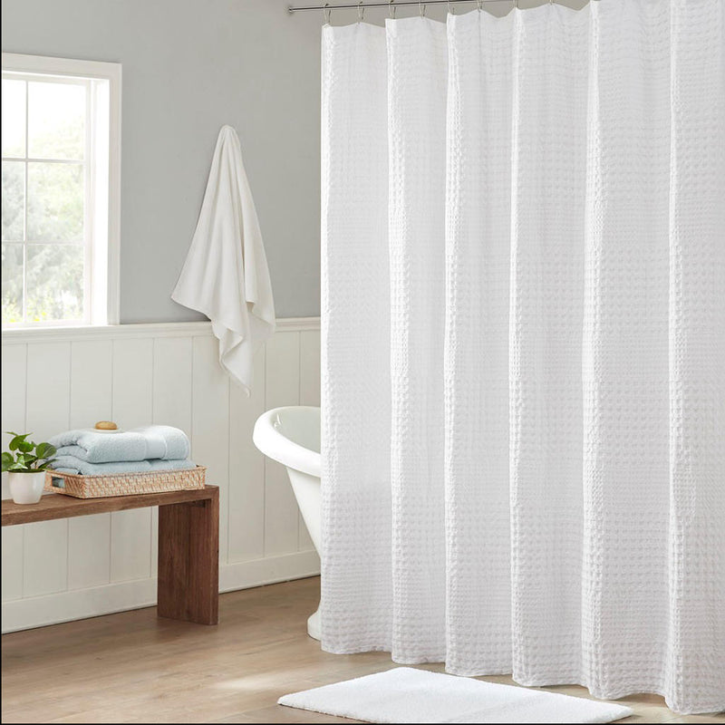 Home Outfitters White 100% Cotton Super Waffle Textured Solid Shower Curtain 72"W x 72"L, Shower Curtain for Bathrooms, Modern/Contemporary