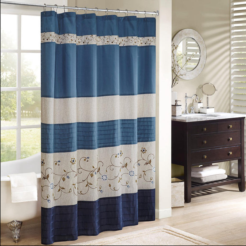 Home Outfitters Navy Faux Silk Lined Shower Curtain w/Embroidery 72x72", Shower Curtain for Bathrooms, Transitional