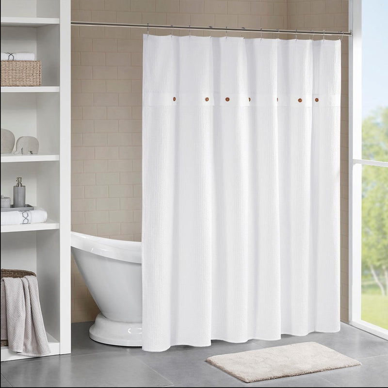 Home Outfitters White 100% Cotton Waffle Shower Curtain 72"W x 72"L, Shower Curtain for Bathrooms, Casual