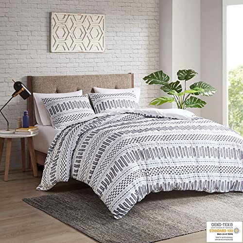 INK+IVY Rhea Luxurious Cotton Bedding Set - Mid Century Trendy Geometric Design, All Season Cozy Cover With Matching Shams, Off White/Navy Comforter Set, King/Cal King 3 Piece