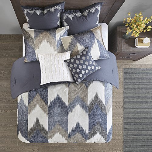 Alpine Cotton Comforter Set-Modern Cabin Lodge Chevron Design All Season Down Alternative Cozy Bedding with Matching Shams, Full/Queen, Navy 3 Piece