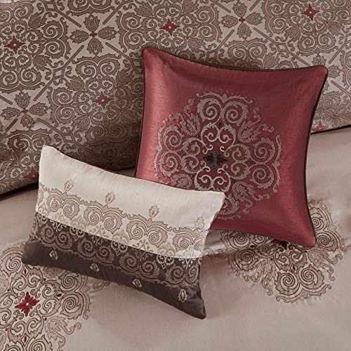 Madison Park Essentials 24-Piece Room In A Bag Comforter Set-Satin Jacquard, All Season Luxury Bedding, Sheets, decorative pillows and Curtains, Valance, Queen(90"x90") Delaney, Medallion Red