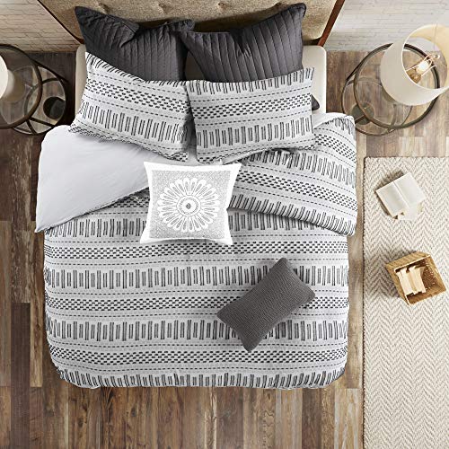 Rhea Luxurious Cotton Bedding Set - Mid Century Trendy Geometric Design, All Season Cozy Cover With Matching Shams, Grey/Black Comforter Set, King/Cal King 3 Piece