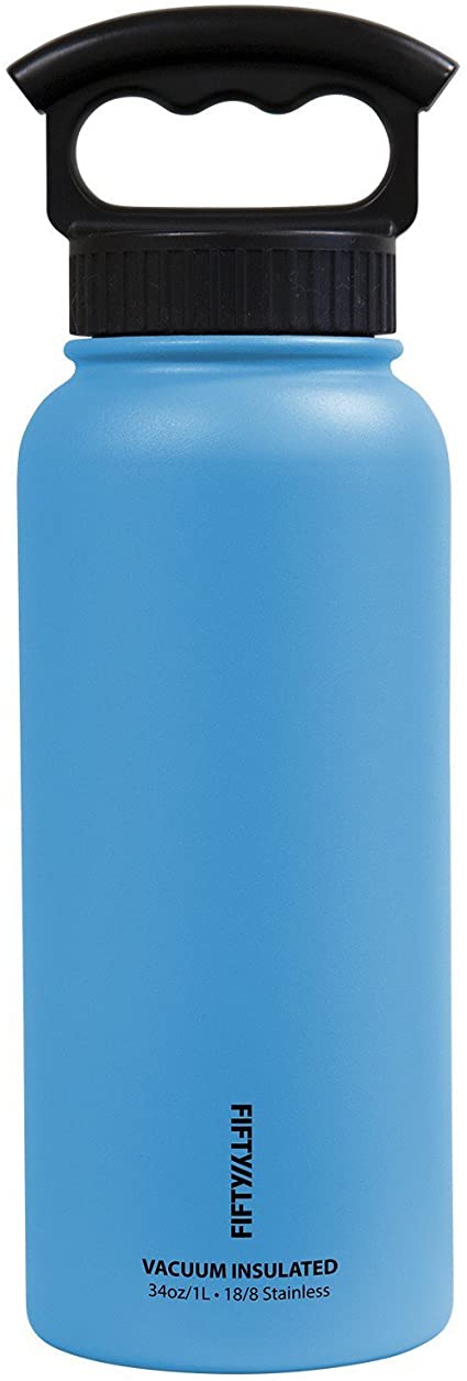 FIFTY/FIFTY Vacuum-Insulated Stainless Steel Bottle with Wide Mouth - 34 oz. Capacity - Crater Blue