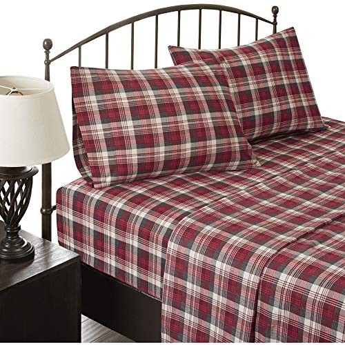 Woolrich Flannel 100% Cotton Sheet Set Warm Soft Bed Sheets with 14" Elastic Pocket, Cabin Lifestyle, Cold Season Cozy Bedding Set, Matching Pillow Case, Cal King, Red Plaid, 4 Piece