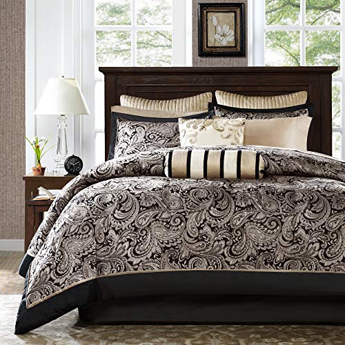Madison Park Aubrey Queen Size Bed Comforter Set Bed In A Bag - Black, Champagne , Paisley Jacquard – 12 Pieces Bedding Sets – Ultra Soft Microfiber Bedroom Comforters