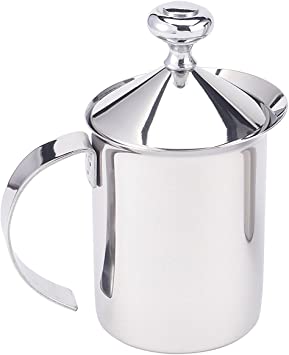 HIC Milk Creamer Frother Cappuccino Coffee Foam Pitcher with Handle and Lid, Stainless Steel, 14-Ounce Capacity