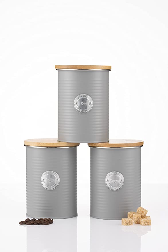 Typhoon Living Airtight Set of 3 Tea Coffee & Sugar Storage Canister Jars with Lid, Grey, 1 Litre