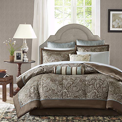 Madison Park Aubrey King Size Bed Comforter Set Bed In A Bag - Blue, Brown , Paisley Jacquard – 12 Pieces Bedding Sets – Ultra Soft Microfiber Bedroom Comforters