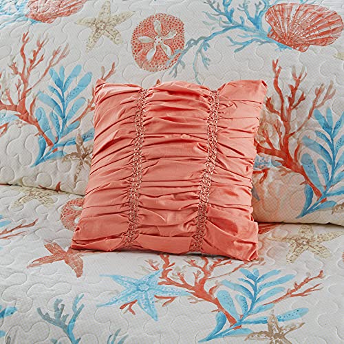 Madison Park Quilt Cottage Coastal Design - All Season, Breathable Coverlet Bedspread Lightweight Bedding Set, Matching Shams, Decorative Pillow, Pebble Beach, Coral Full/Queen(90"x90") 6 Piece