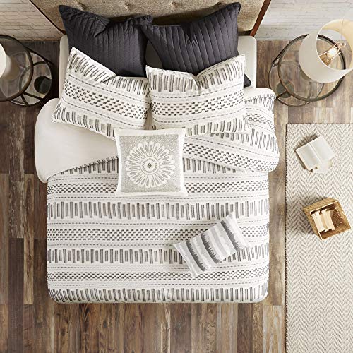 Imani Cotton Comforter Mini Set, Ivory & Modern Accent Throw Pillow , asual Embroidered Square Fashion Decorative Pillow , 20X20 , Grey