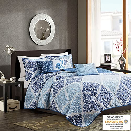 Madison Park Claire Quilt Modern Design - All Season, Breathable Coverlet Bedspread Lightweight Bedding Set, Matching Shams, Decorative Pillow, King/Cal King (104 in x 92 in), Diamond Blue 6 Piece