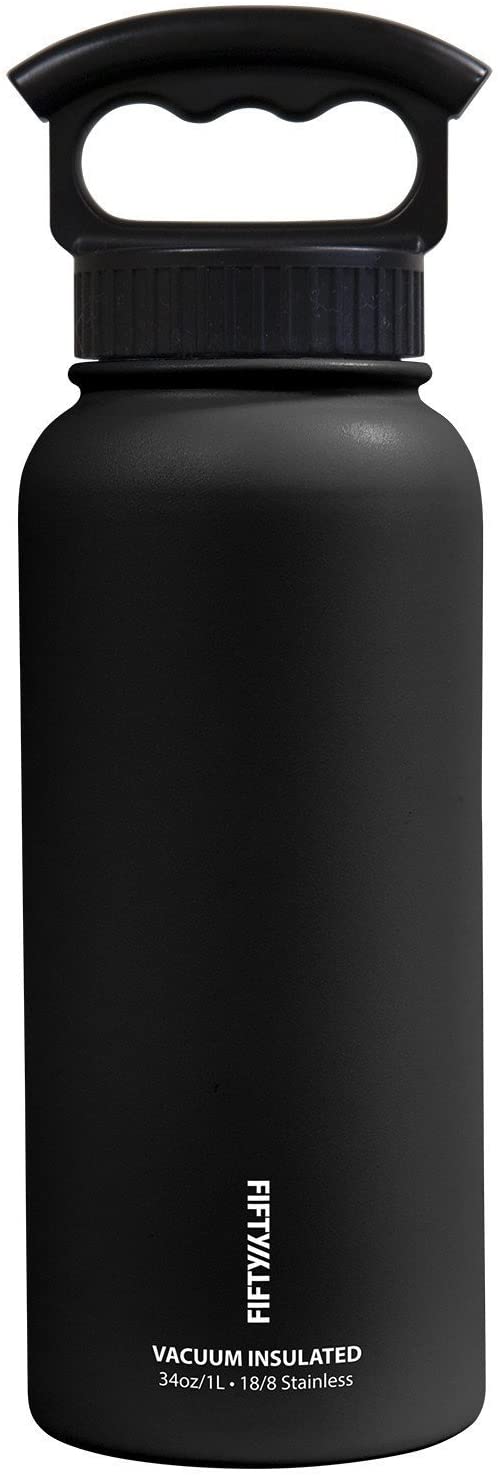 FIFTY/FIFTY Vacuum-Insulated Stainless Steel Bottle with Wide Mouth - 34 oz. Capacity - Matte Black