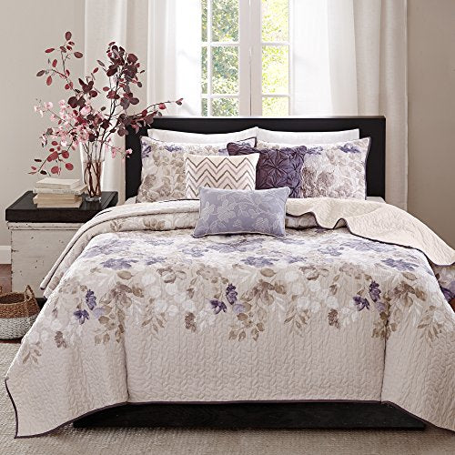 Madison Park Quilt Modern Classic Design All Season, Breathable Coverlet Bedspread Lightweight Bedding Set, Matching Shams, Decorative Pillow, Full/Queen(90"x90"), Luna, Floral Taupe, 6 Piece