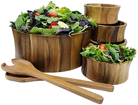 Kalmar Home 12-Inch Acacia Wood Curved Extra Large Salad Bowl with 4 Bowls