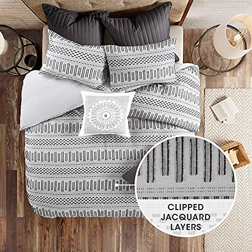 Rhea Luxurious Cotton Bedding Set - Mid Century Trendy Geometric Design, All Season Cozy Cover With Matching Shams, Grey/Black Comforter Set, King/Cal King 3 Piece
