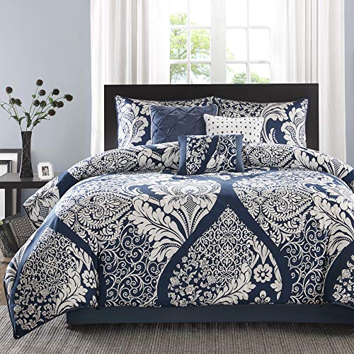 Madison Park Sateen Cotton Comforter Set, Breathable, Soft Cover, Trendy, All Season Down Alternative Cozy Bedding with Matching Shams, Damask Indigo, Queen (90 in x 90 in) 7 Piece