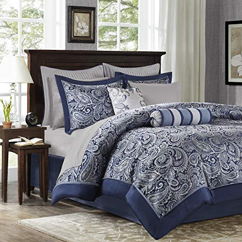 Madison Park Aubrey Cal King Size Bed Comforter Set Bed In A Bag - Navy, Grey , Paisley Jacquard – 12 Pieces Bedding Sets – Ultra Soft Microfiber Bedroom Comforters
