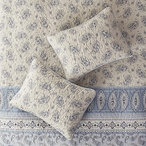 Madison Park April Reversible Cotton Quilt Set - Trendy Paisley Design Summer Coverlet, Lightweight All Season Bedding Layer, Matching Shams Full/Queen Blue/Taupe 3 Piece